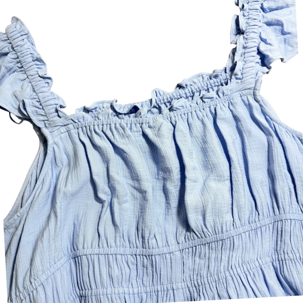 Women Blue Smocked Waist Ruffle Sleeve Midi Dress 2X Light Blue Textured Cottage